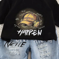 Boys Black Cap Graphic Short Sleeve T-Shirt With Distressed Denim Shorts Sets