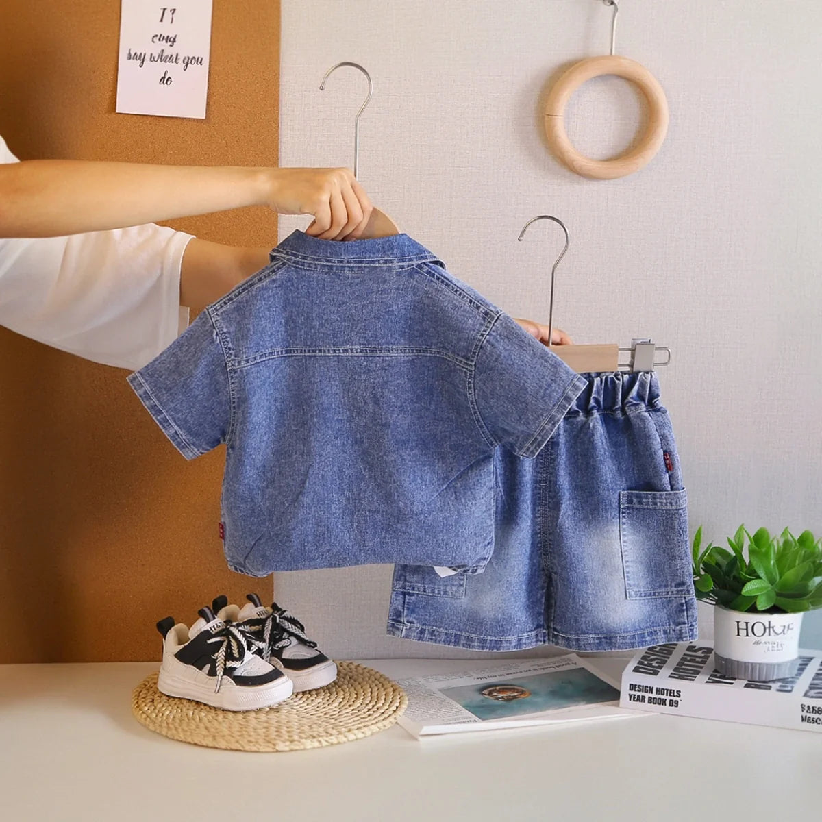 Boys Blue Denim Shirt & Shorts With Sleeveless T-Shirt Sets