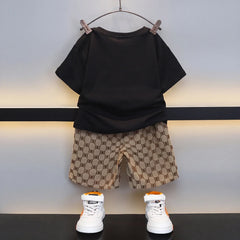 Boys Black Short Sleeve Bear Applique T-Shirt With Shorts Sets