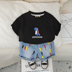Boys Black Dinosaur Graphic T-Shirt With Denim Shorts Set