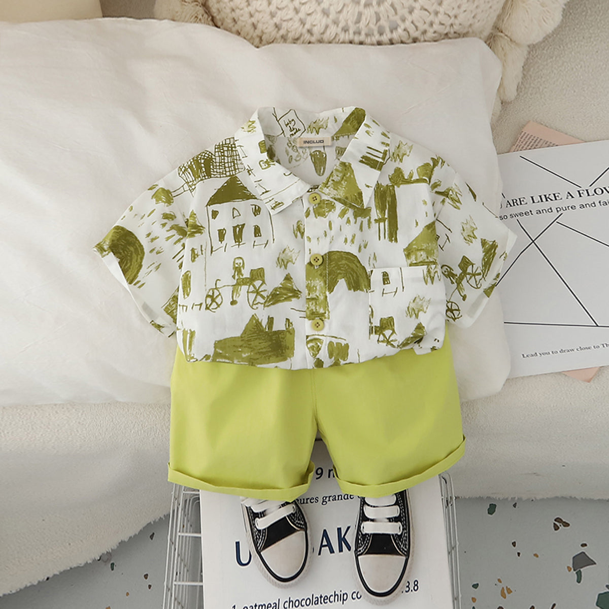 Boys Abstract Printed Short Sleeves Shirt With Green Shorts Set
