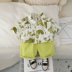Boys Abstract Printed Short Sleeves Shirt With Green Shorts Set