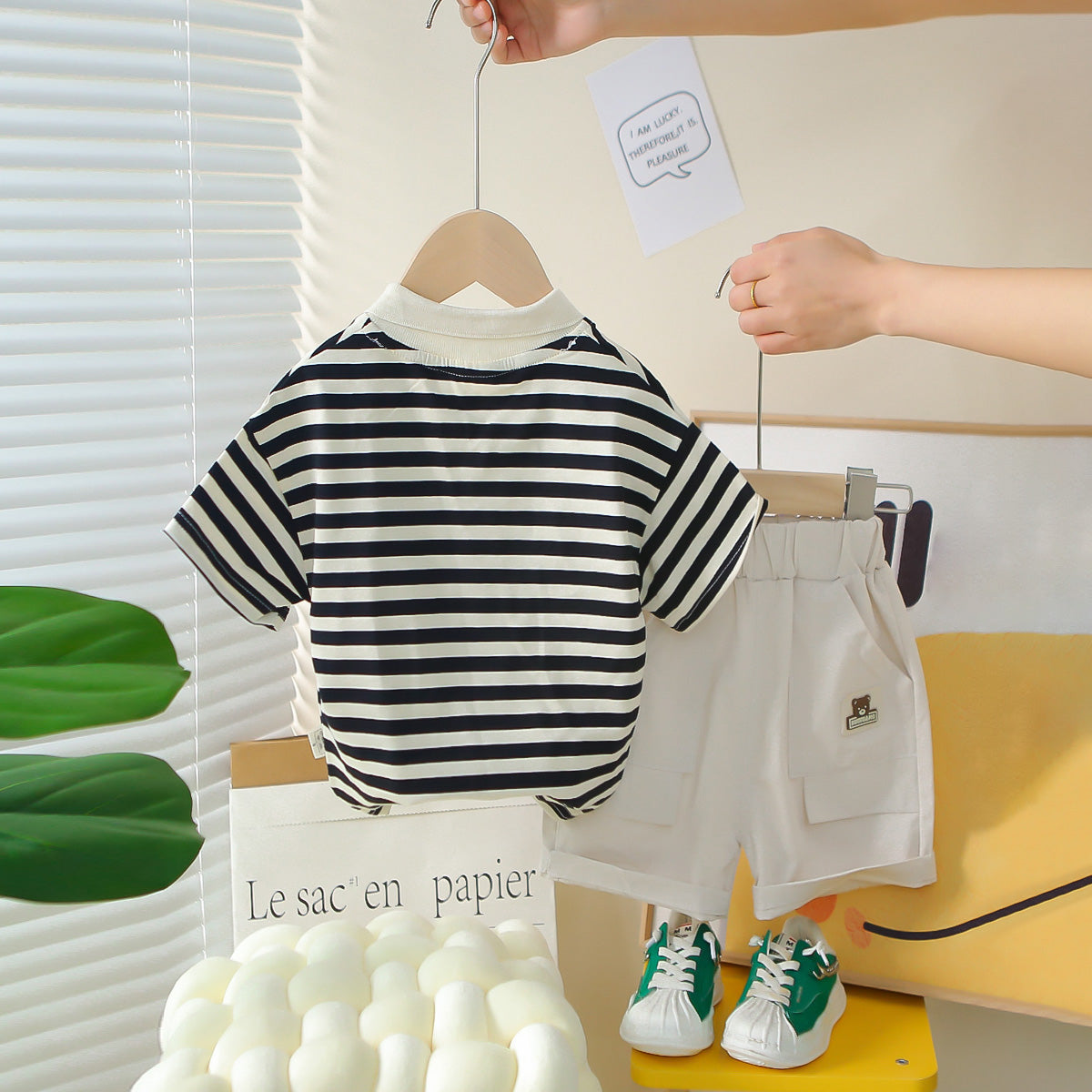 Boys Black Horizontal Striped Polo T-Shirt With Shorts Set