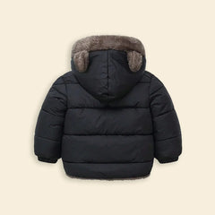 Boys Black Zip-up Puffer Jacket With Bear Ear On Hood