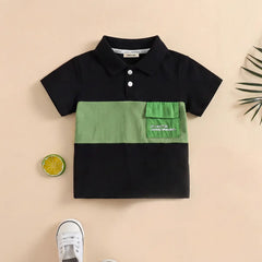 Boys Black Color-blocked Polo T-Shirt With Short Sleeves