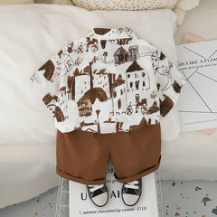 Boys Abstract Printed Short Sleeves Shirt With Brown Shorts Set