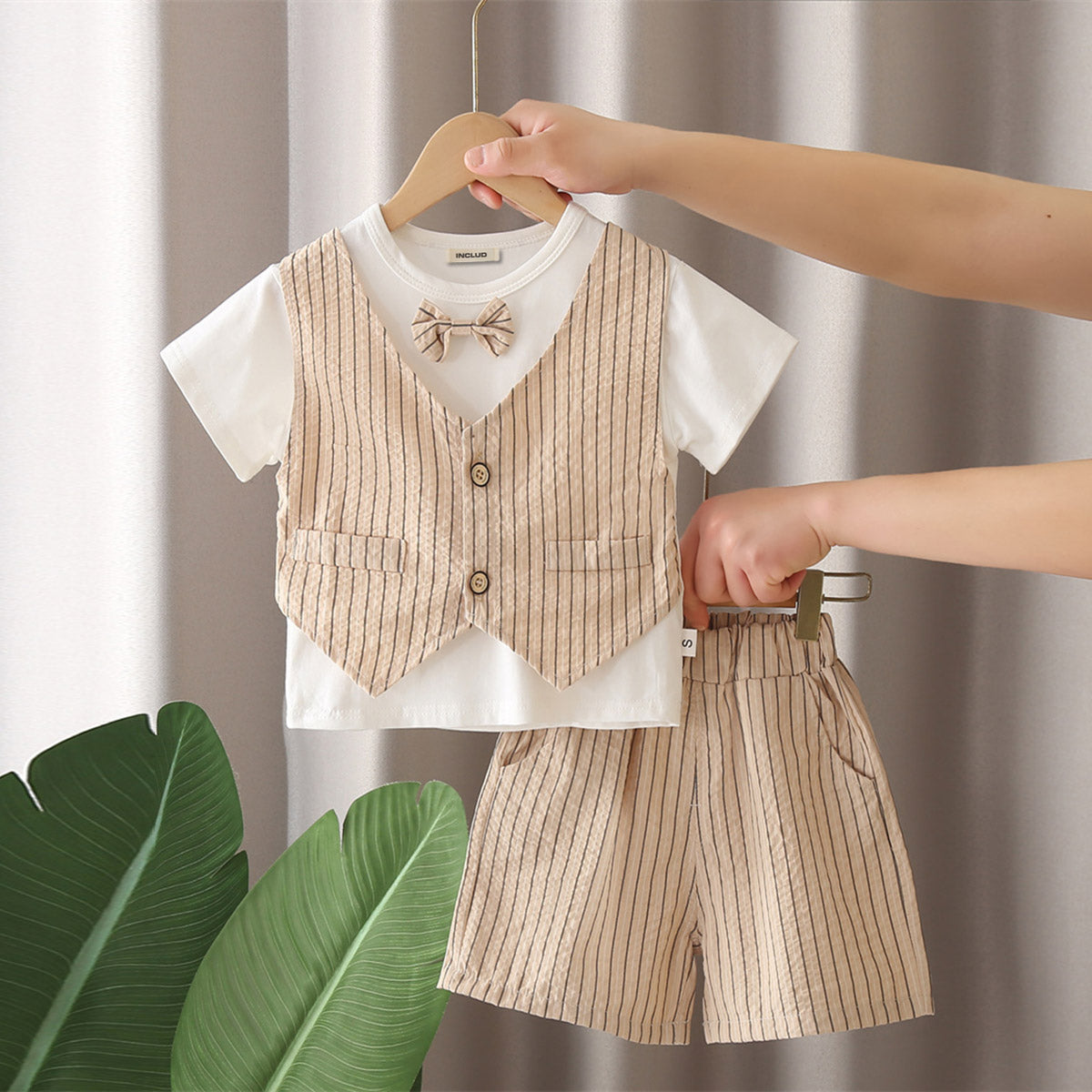 Boys Beige Striped Shorts with Short Sleeves T-shirt with attached Waistcoat Set