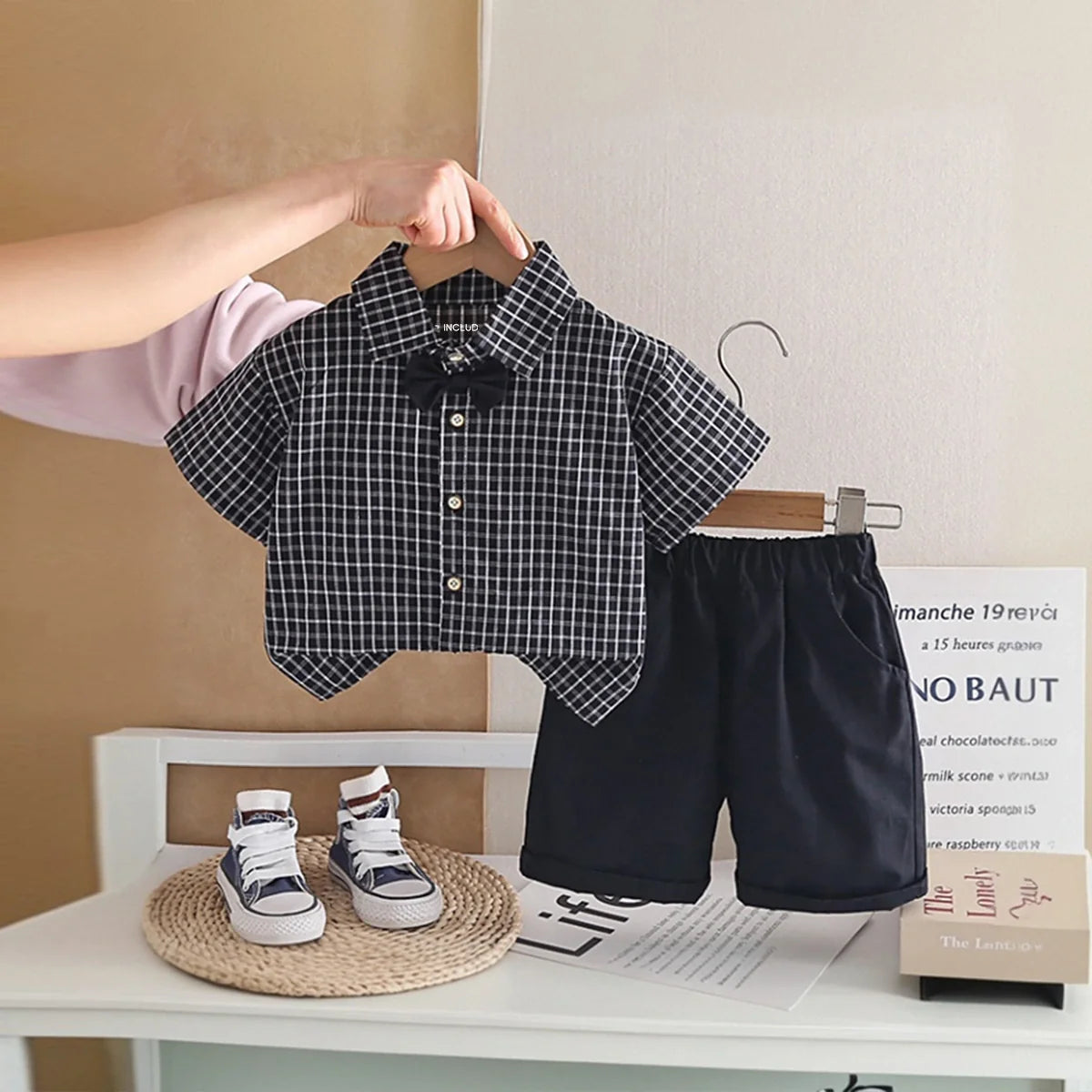 Boys Black Checked Short Sleeve Shirt with Shorts Sets