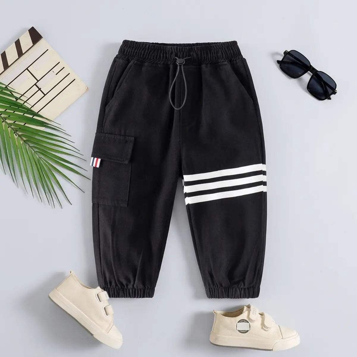 Boys Black Three Stripes Print Cargo Pants