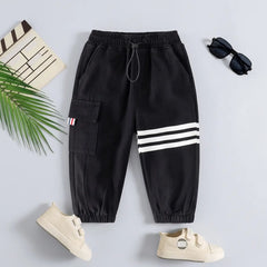 Boys Black Three Stripes Print Cargo Pants