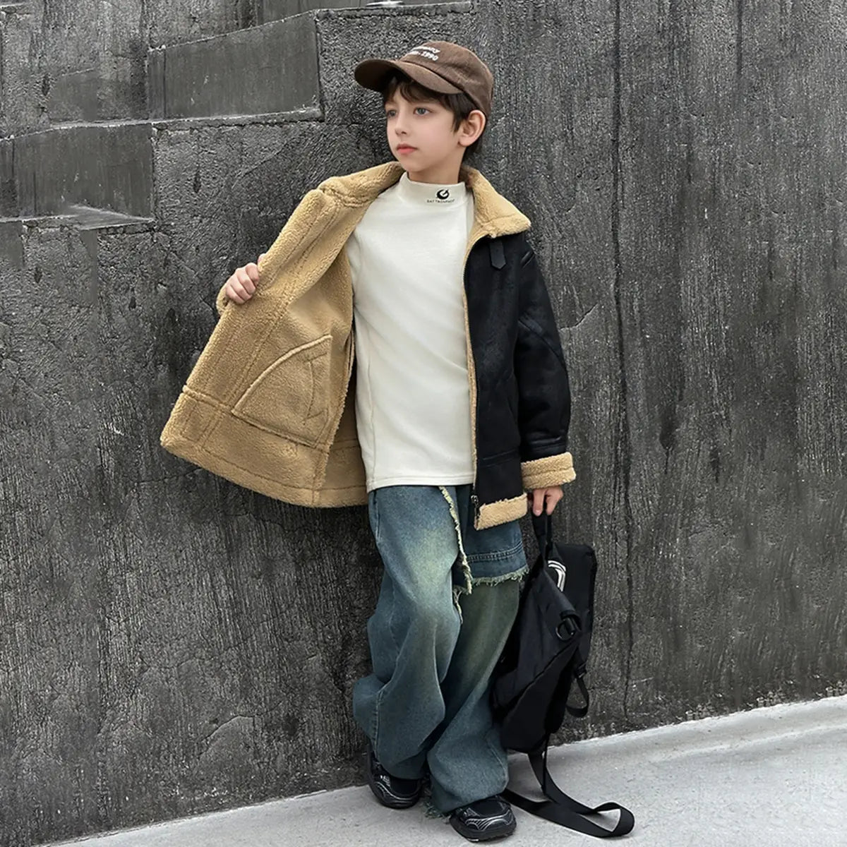 Boys Black Faux Leather Heavy Jacket With Fleece Lining