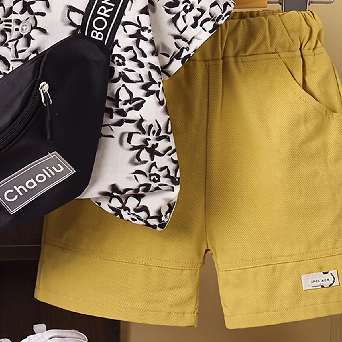 Boys Black Floral Print Short Sleeve Shirt With Shorts Sets