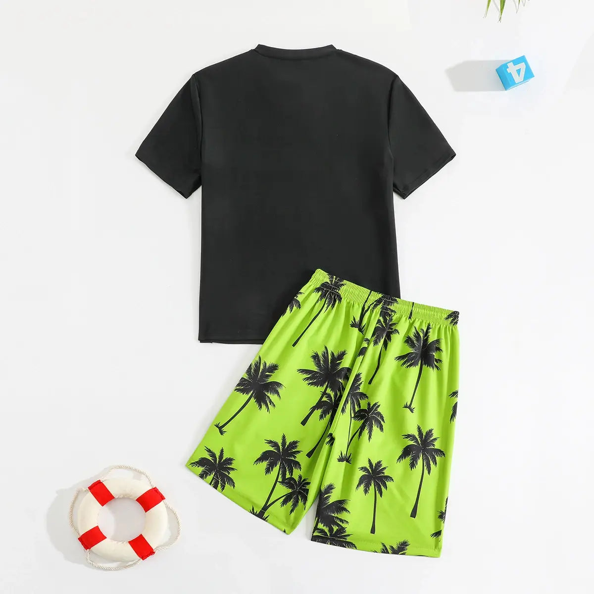 Boys Black Tropical Printed Short Sleeves T-Shirt & Shorts Swimsuit Sets