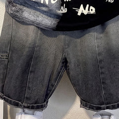 Boys Black Short Sleeve Typography Print T-Shirt With Denim Shorts Sets