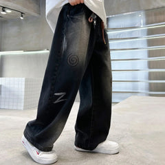 Boys Black Typographic Print Loose Fit Denim Jeans