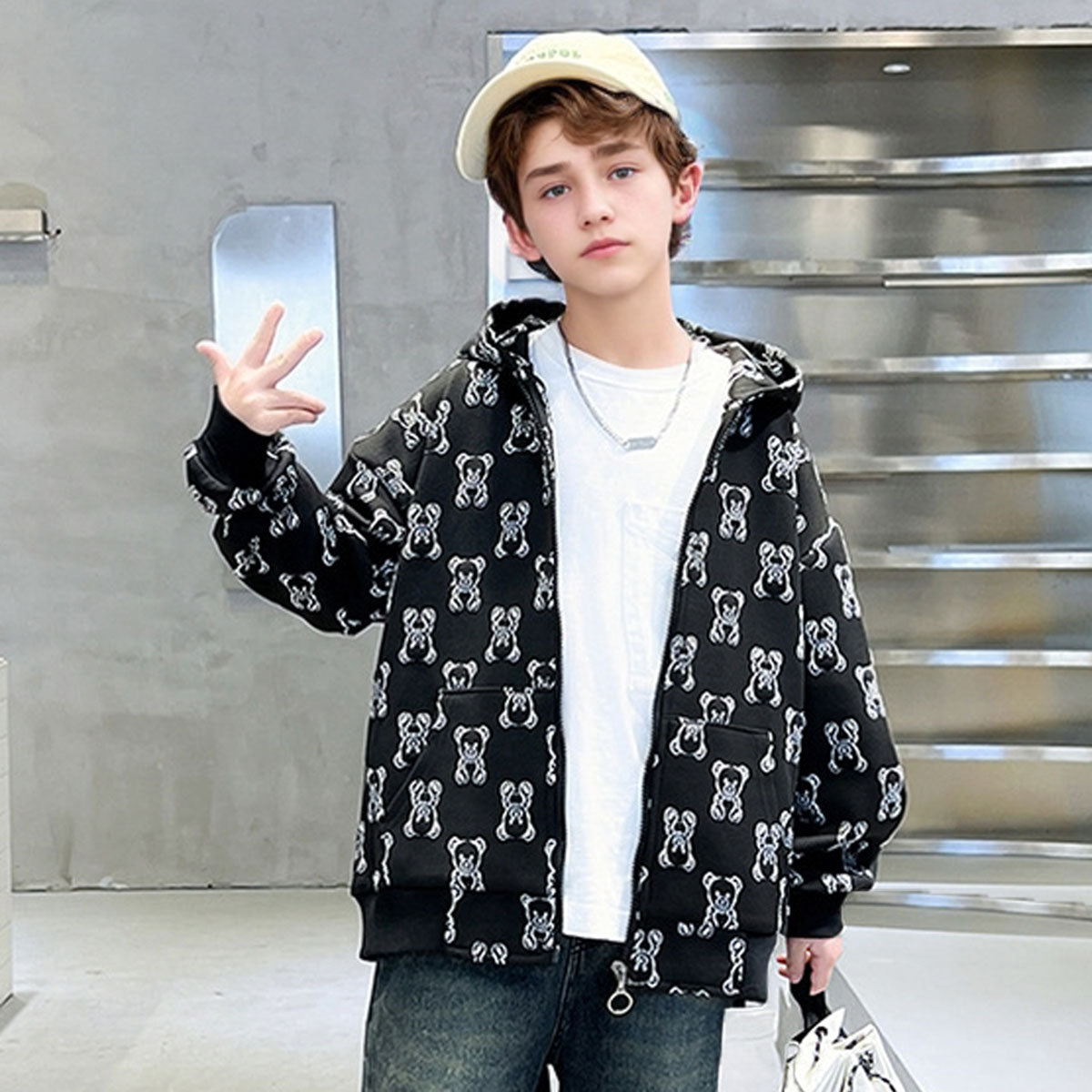 Boys Black Teddy Printed Hooded Front Zipper Winter Jacket
