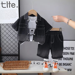Boys Black Short Sleeve Denim Shirt With Printed T-Shirt And Shorts Sets