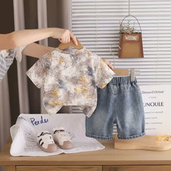 Boys Beige Abstract Printed Short Sleeve T-Shirt with Distressed Denim Shorts Sets