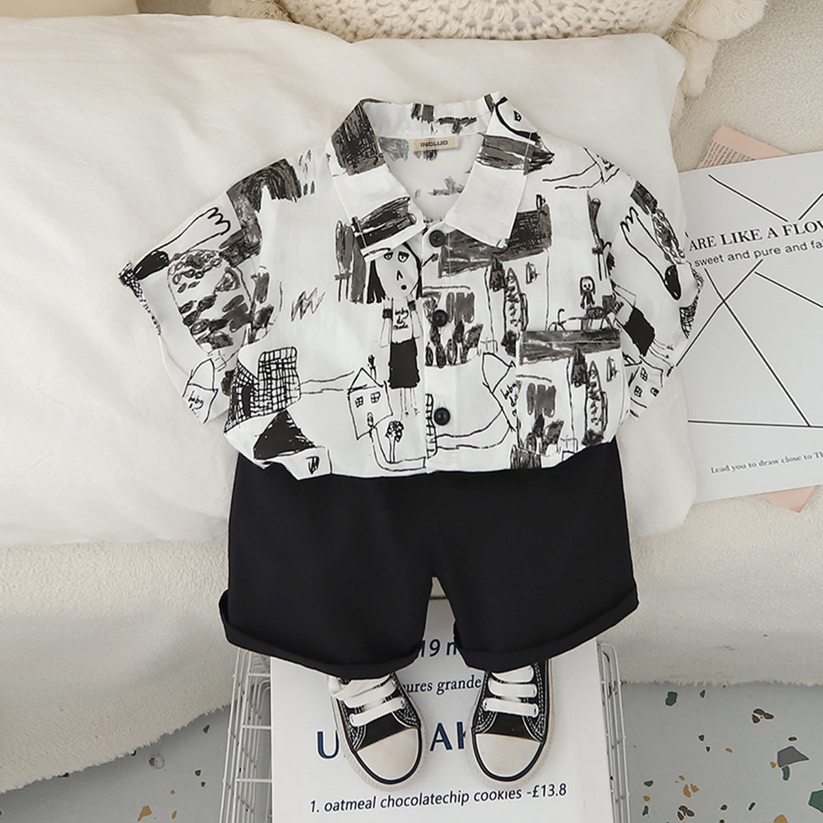 Boys Abstract Printed Short Sleeves Shirt With Black Shorts Set