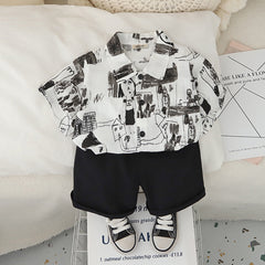 Boys Abstract Printed Short Sleeves Shirt With Black Shorts Set