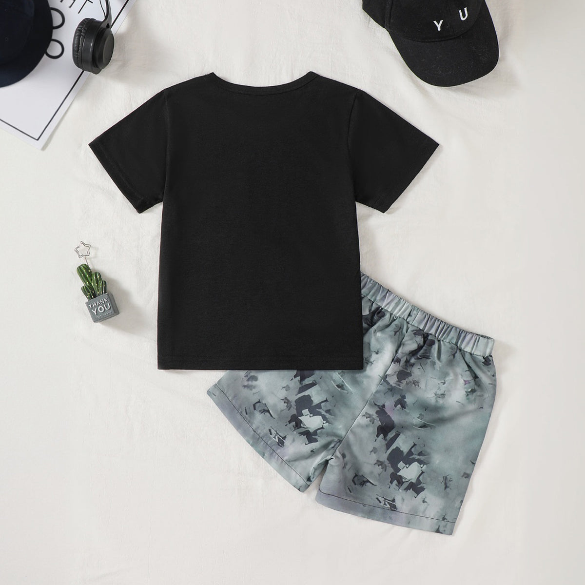 Boys Black Typographic Printed Contrast Patch Pocket T-Shirt With Shorts Set
