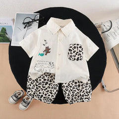 Boys Beige Animal Print Shirt with Elasticated Shorts Sets