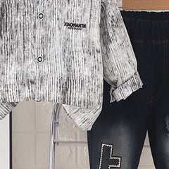Boys Black Abstract Printed Long Sleeves Shirt With Denim Pants Set