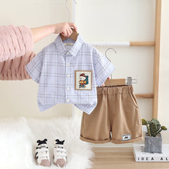 Boys Blue Checkered Short Sleeves Shirt With Shorts Set