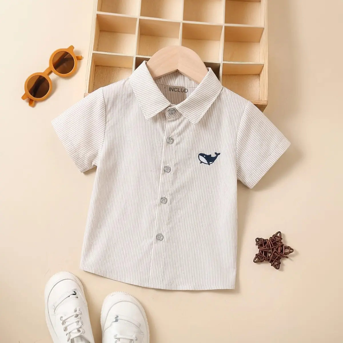 Boys Beige Striped Casual Shirt with Shark Embroidery
