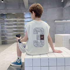 Boys Apricot Typographic Printed Sleeveless T-Shirt With Elasticated Shorts Sets
