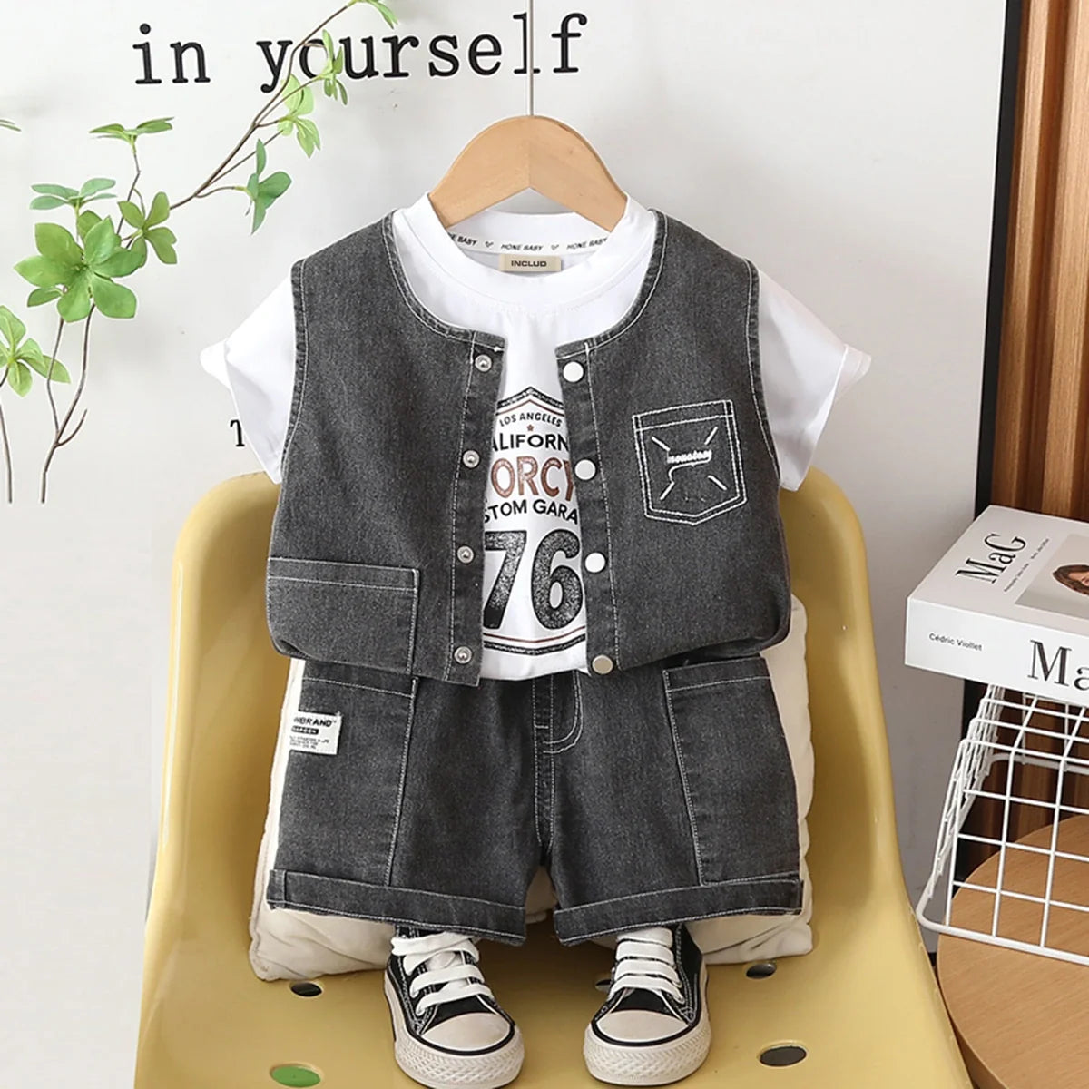 Boys Black Denim Sleeveless Vest & Shorts With Printed T-Shirt Sets