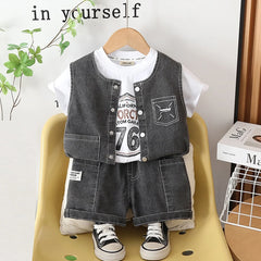 Boys Black Denim Sleeveless Vest & Shorts With Printed T-Shirt Sets