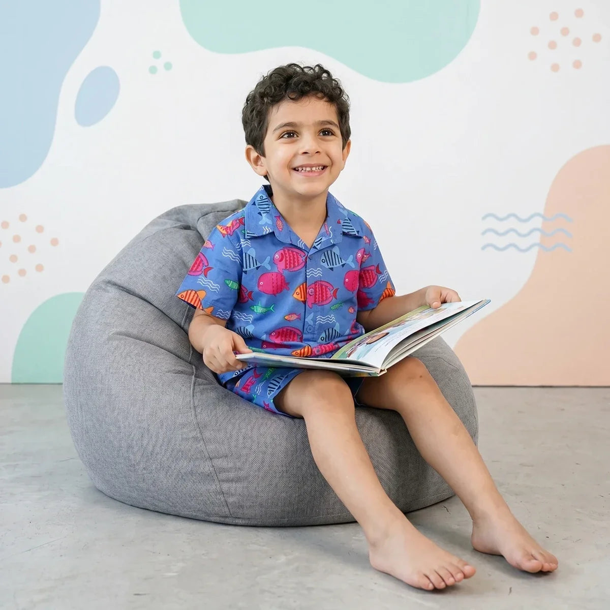 Boys Blue Fish Printed Short Sleeves Shirt With Printed Shorts Sets