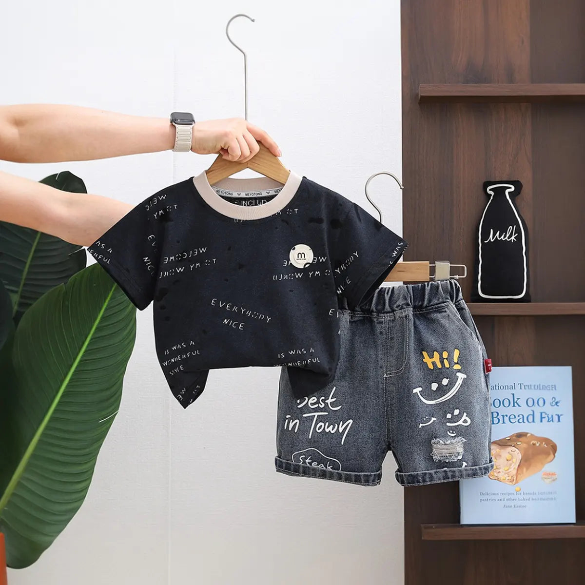 Boys Black Typographic Print T-Shirt With Distressed Denim Shorts Set