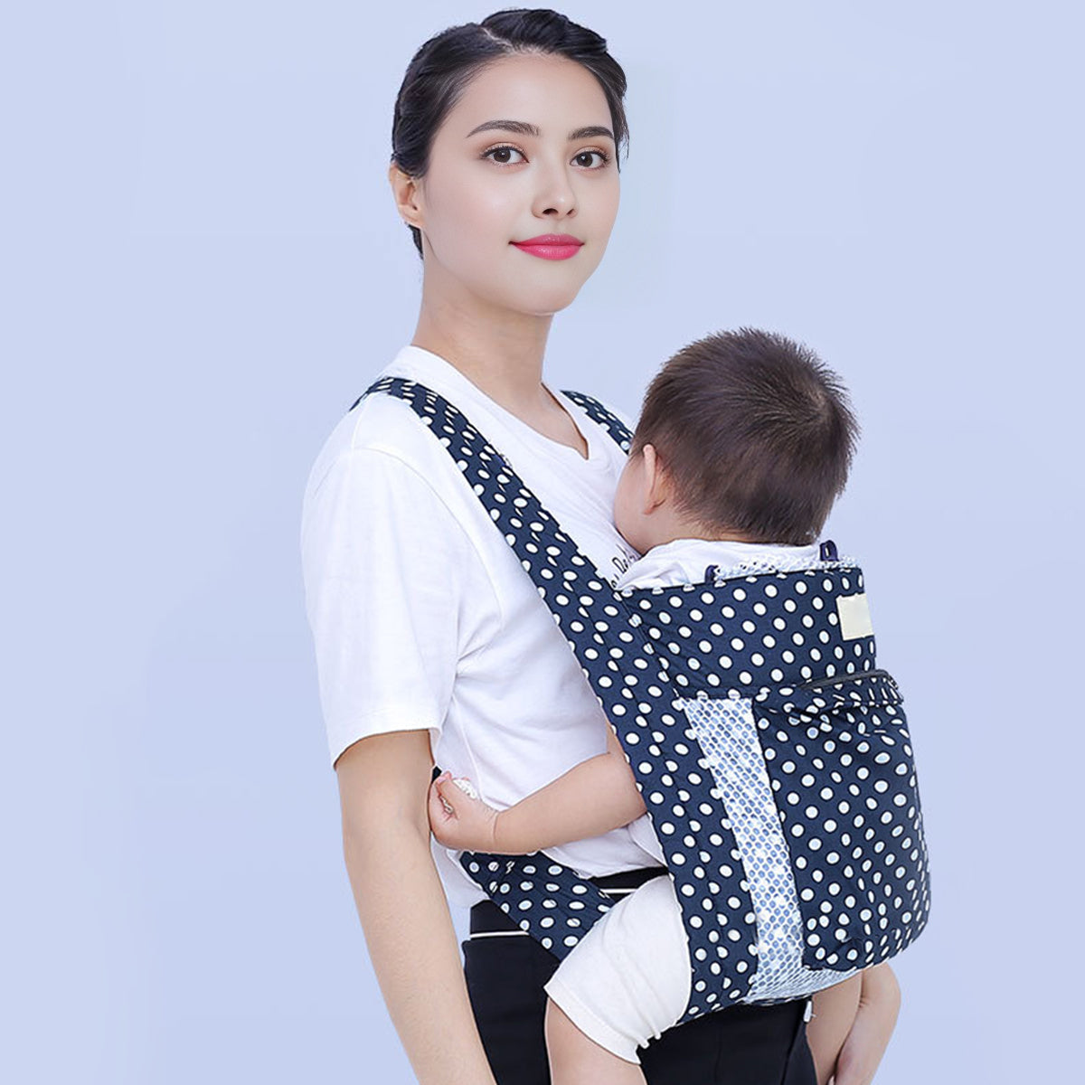 Baby Navy Blue Polka Dot Carrier with Four Clips