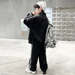 Boys Black Alphanumeric Printed Oversized Zip-up Jacket With Pants Sets
