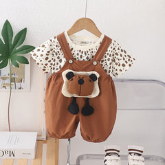 Boys Animal Printe T-Shirt With Brown 3D Appliqued Dungaree Set
