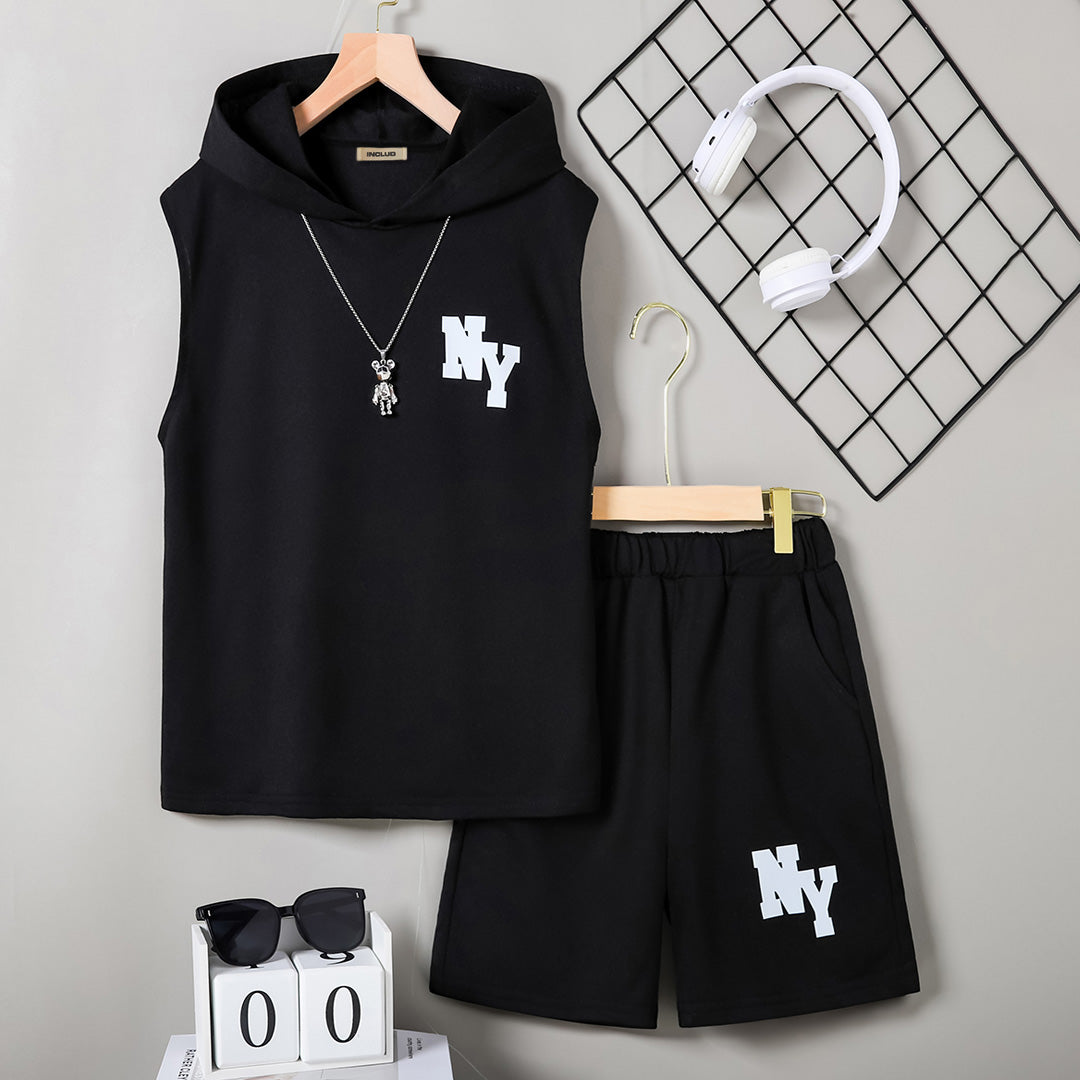 Boys Black Sleeveless Hooded Printed T-Shirt With Shorts Set