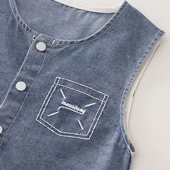 Boys Blue Denim Sleeveless Vest & Shorts With Printed T-Shirt Sets