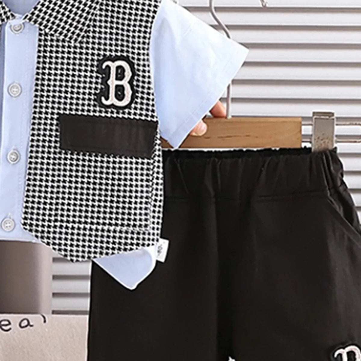Boys Blue Houndstooth Fake waistcoat Shirt With Shorts Sets