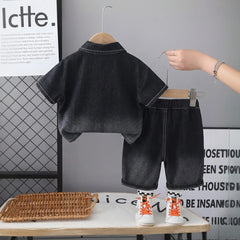 Boys Black Short Sleeve Denim Shirt With Printed T-Shirt And Shorts Sets