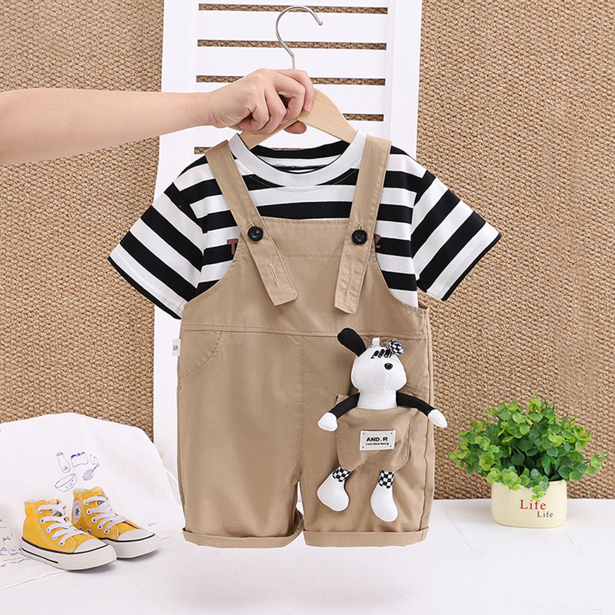 Boys Black Stripes Short Sleeve T-Shirt And Dungaree Set With Teddy Applique