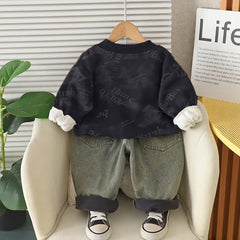 Boys Black Typographic Regular Sweatshirt With Denim Trousers Sets