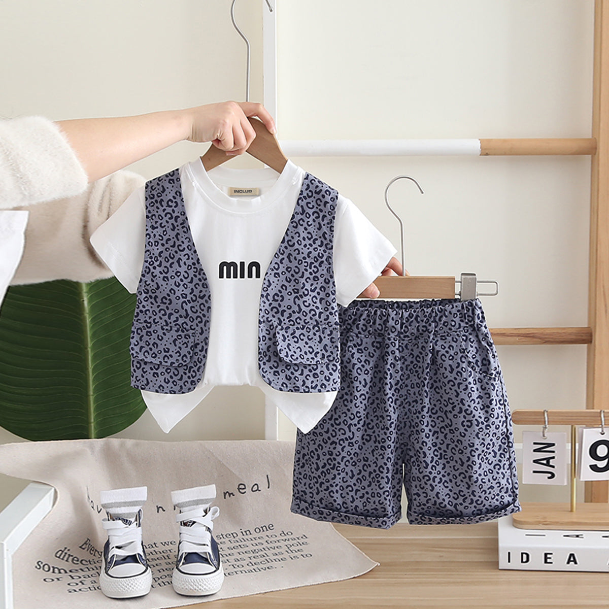 Boys Attached Waistcoat T-Shirt With Purple Animal Printed Shorts Set