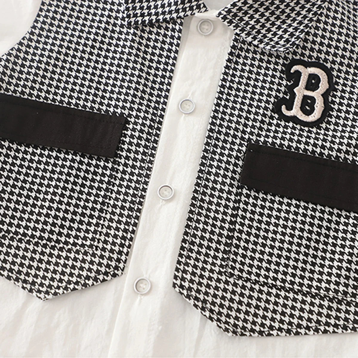 Boys Black Houndstooth Fake waistcoat Shirt With Shorts Sets