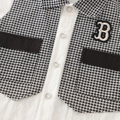 Boys Black Houndstooth Fake waistcoat Shirt With Shorts Sets