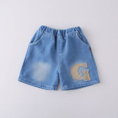 Boys Black Letter G Printed T-Shirt With Denim Shorts Set