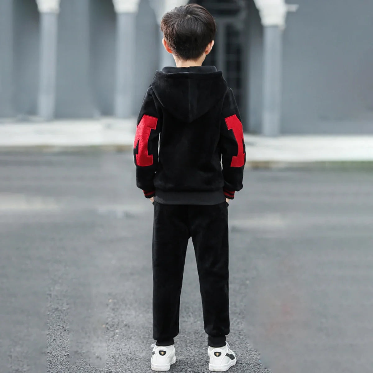 Boys Black Patch Embroidered Hoodie With Sleeveless Jacket & Jogger Sets