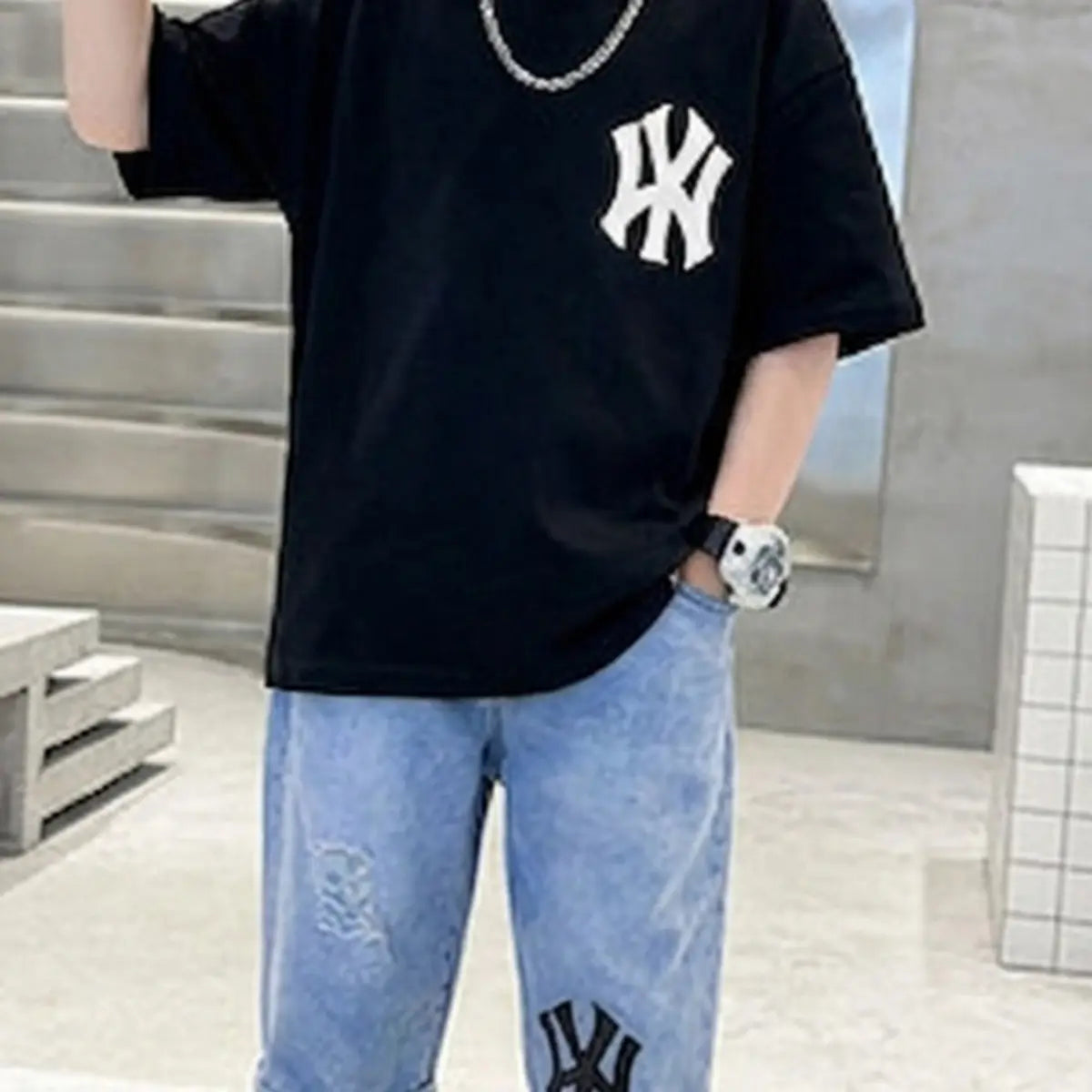 Boys Black Printed Drop Shoulder T-Shirt With Denim Capri Sets