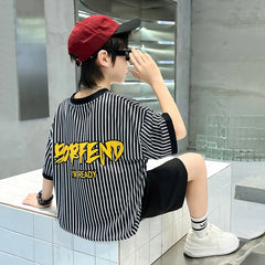 Boys Black Stripes Short Sleeves Oversized T-Shirt With Shorts Set